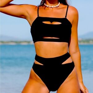 Brand New Solid Bandeau Cutout Black Bikini Set Sz Large